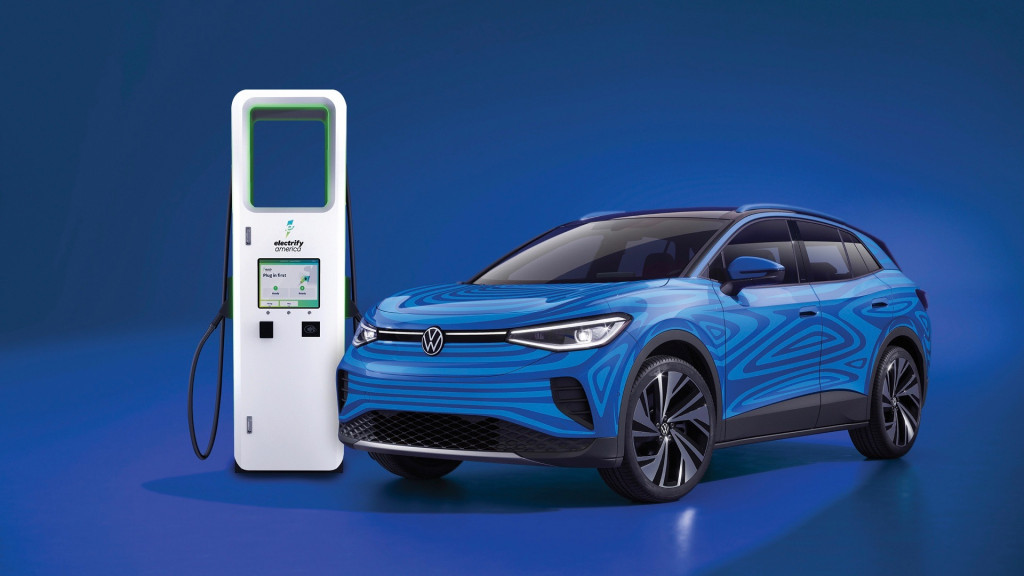 2021 Volkswagen ID.4 and Electrify America DC fast-charging station 2021 Volkswagen ID.4 and Electrify America DC fast-charging station