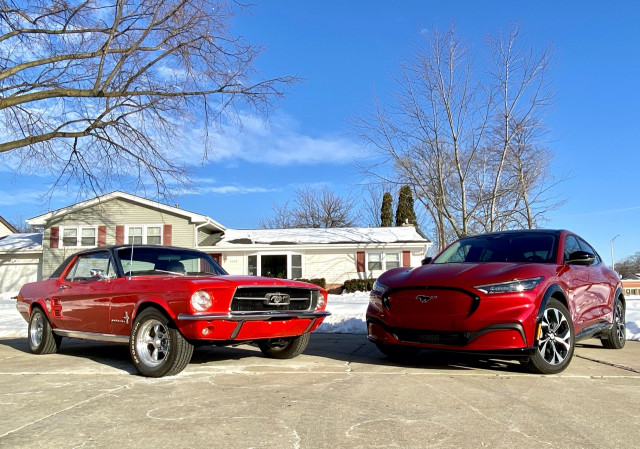 2021 Ford Mustang Mach-E and 1967 Ford Mustang coupe 2021 Ford Mustang Mach-E and 1967 Ford Mustang coupe
