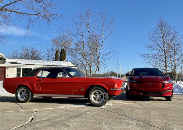 2021 Ford Mustang Mach-E and 1967 Ford Mustang coupe 2021 Ford Mustang Mach-E and 1967 Ford Mustang coupe