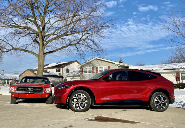 2021 Ford Mustang Mach-E and 1967 Ford Mustang coupe 2021 Ford Mustang Mach-E and 1967 Ford Mustang coupe