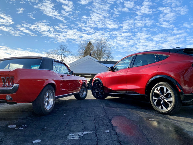 2021 Ford Mustang Mach-E and 1967 Ford Mustang coupe 2021 Ford Mustang Mach-E and 1967 Ford Mustang coupe
