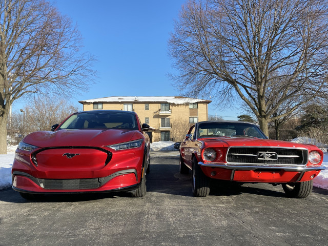 2021 Ford Mustang Mach-E and 1967 Ford Mustang coupe 2021 Ford Mustang Mach-E and 1967 Ford Mustang coupe