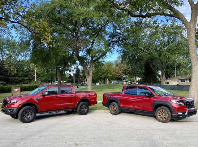 2021 Ford Ranger Tremor, left, and 2021 Honda Ridgeline HPD, right 2021 Ford Ranger Tremor, left, and 2021 Honda Ridgeline HPD, right