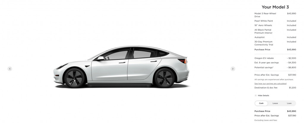 Tesla Model 3 base rear-wheel drive on Tesla website November 2021