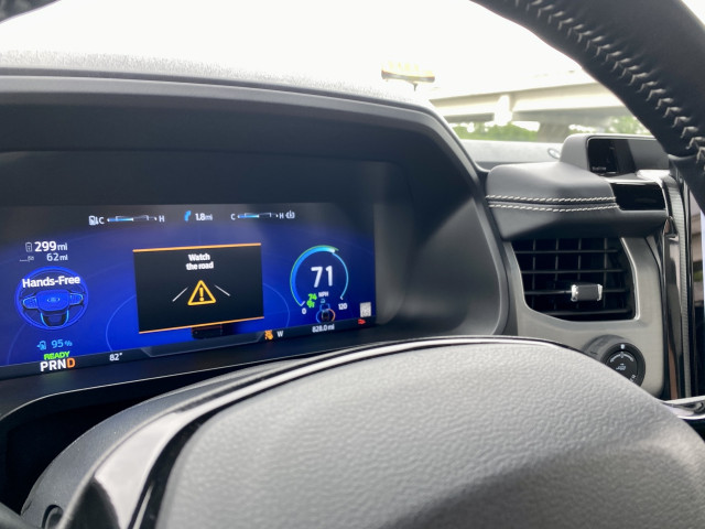 Ford BlueCruise in the 2022 F-150 Lightning, with the driver monitor camera to the right. Ford BlueCruise in the 2022 F-150 Lightning, with the driver monitor camera to the right.
