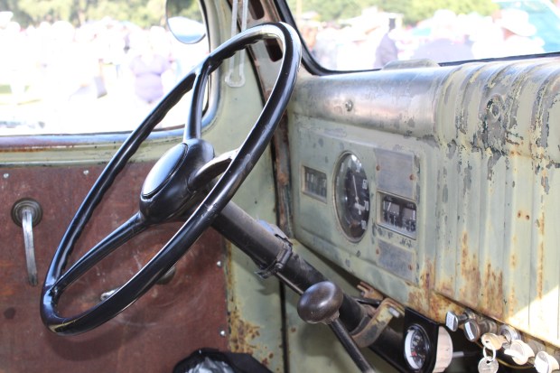 The steering wheel and dashboard of Bonnie Baxter's 1940 Dodge...