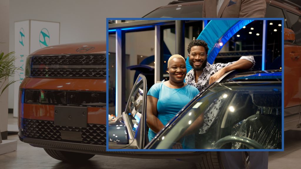 Amplify Studios Founder Joel Nomdarkham, and Communications Consultant Latoya West-Blackwood paused from inspecting the all-new 2024 Hyundai Kona.