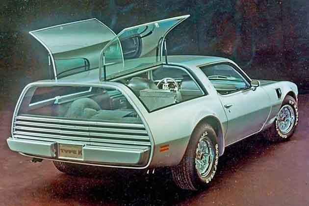 a 1977 pontiac kammback with the cargo area open