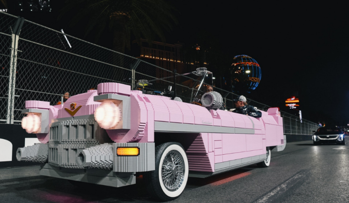 Pink 1950s Cadillac Fleetwood convertible with a body made out of LEGO pieces