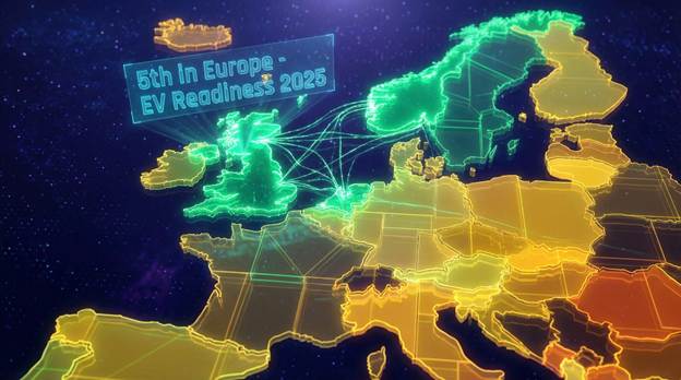 A stylized 3D map of Europe floating in a digital void. The UK is highlighted in a vibrant, glowing green, pulsing with energy lines connecting to Norway and the Netherlands (also green). Other countries are in varying shades of yellow or orange. A holographic text overlay above the UK reads &quot;5th in Europe - EV Readiness 2025&quot;.
