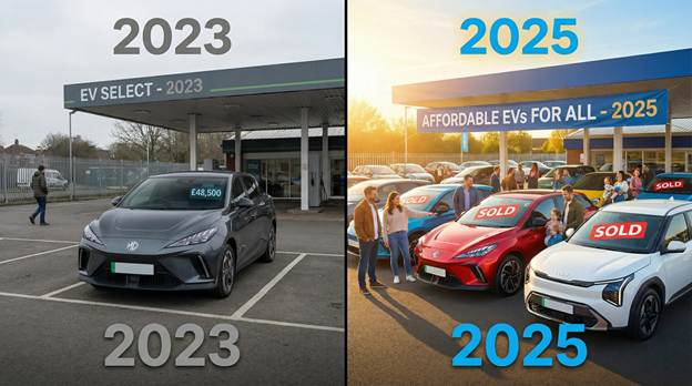 A split-screen comparison of a UK car dealership lot. On the left (labeled &quot;2023&quot;), a lonely EV sits with a high price tag. On the right (labeled &quot;2025&quot;), a bustling forecourt shows families actively looking at affordable EVs like the MG4 and Kia EV3, with &quot;SOLD&quot; stickers clearly visible on windshields. The lighting should be bright and optimistic on the right side.