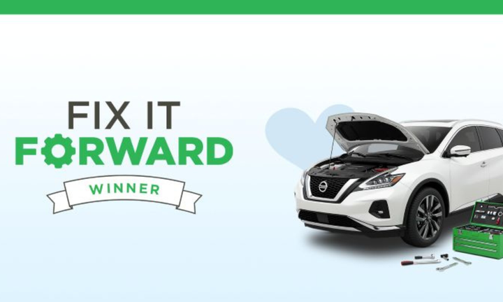 Fix It Forward Giveaway graphic showing a white vehicle with its hood open and tools nearby, representing covered vehicle repairs through DOWC Cares.