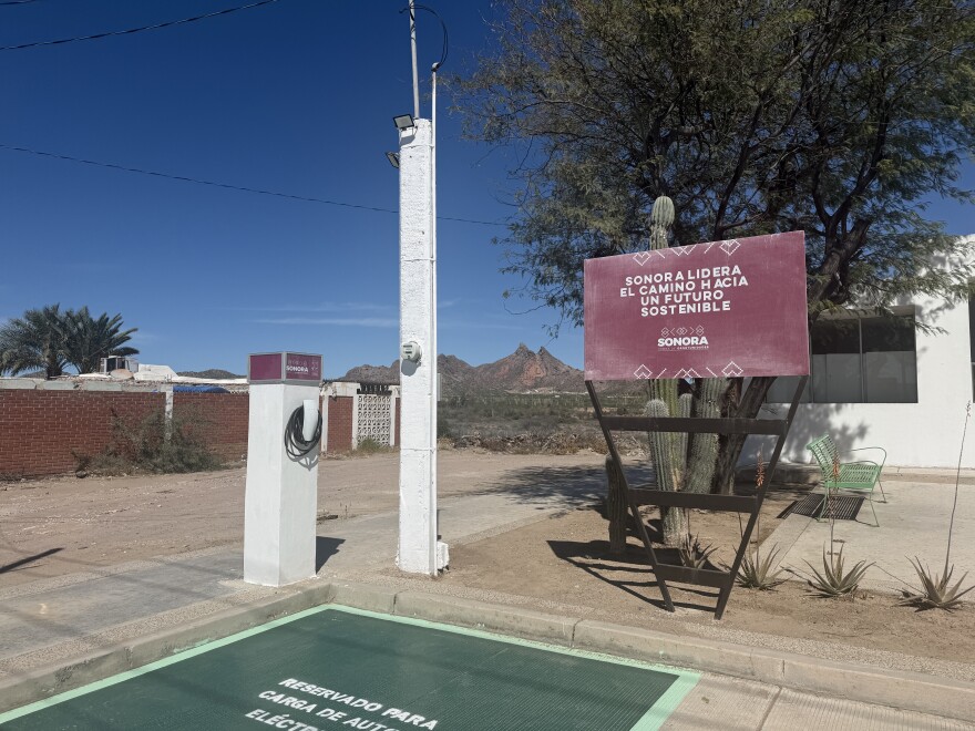 An electric vehicle charging station in the Sonoran beach town of Bahía Kino.
